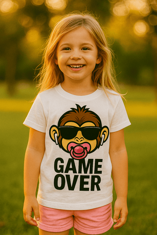Maglietta Bambina – Scimmia Game Over con ciuccio rosa - Toplinea